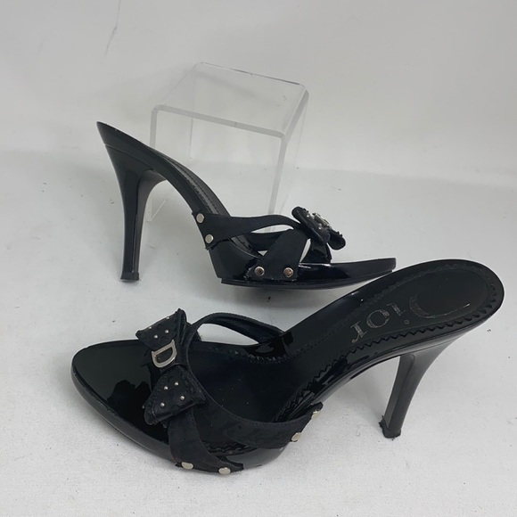 Dior Sz 37 Black Logo High Heel Sandals Bow Studs - Picture 2 of 16